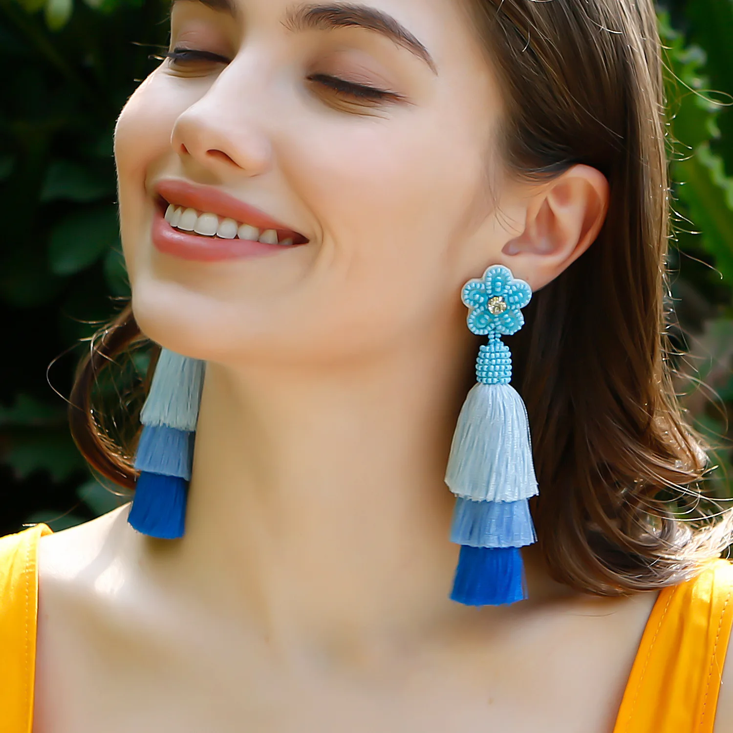 

Handmade Jewelry 2023 Unique Boho Bohemian Statement Long Blue Flower Seed Bead Layered Fringe Tassel Dangle Earrings for Women