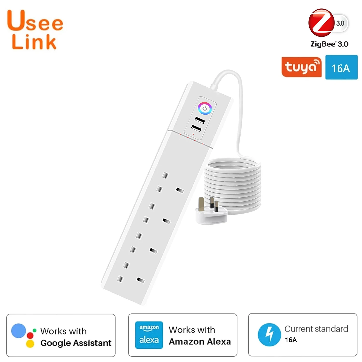 UseeLink UK Zigbee Tuya Smart Power Strip With 4 AC Socket 4 USB Port Voice Control Smart Home APP Works With Alexa,Google Home