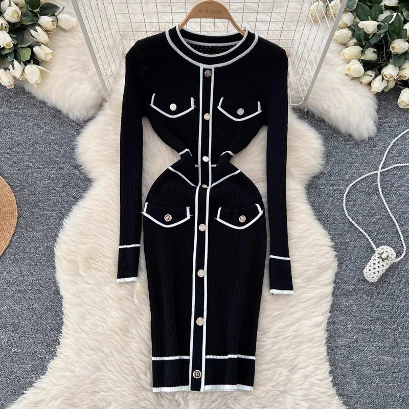 YuooMuoo Women Dress 2024 New Autumn Winter O-neck Brand Buttons Knitted Sweater Dress Lady Bodycon Mini Party Vestidos Outfits