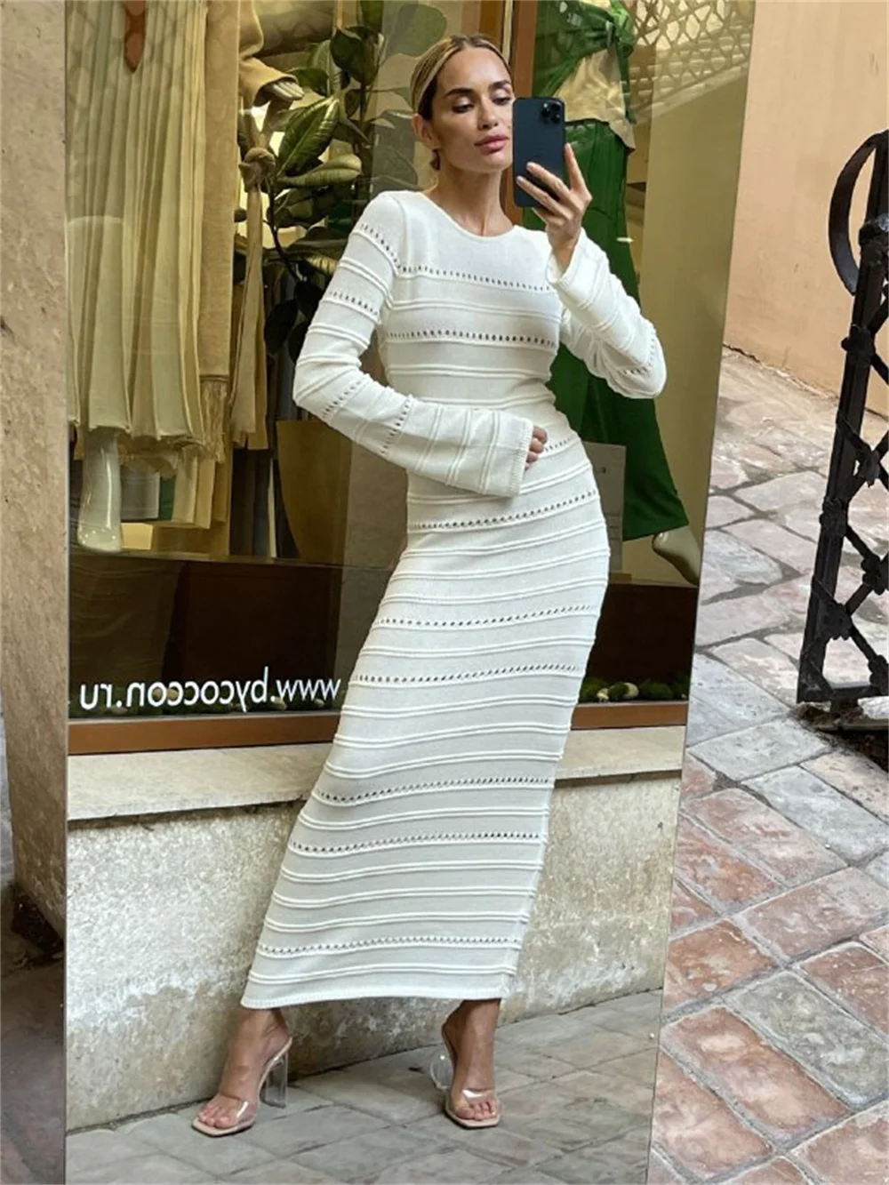 Women Knitted Hollow Out Midi Dress Autumn 2023 New Solid Long Flare Sleeve O-neck Slim Fit Dresses Female Elegant Commute Robe