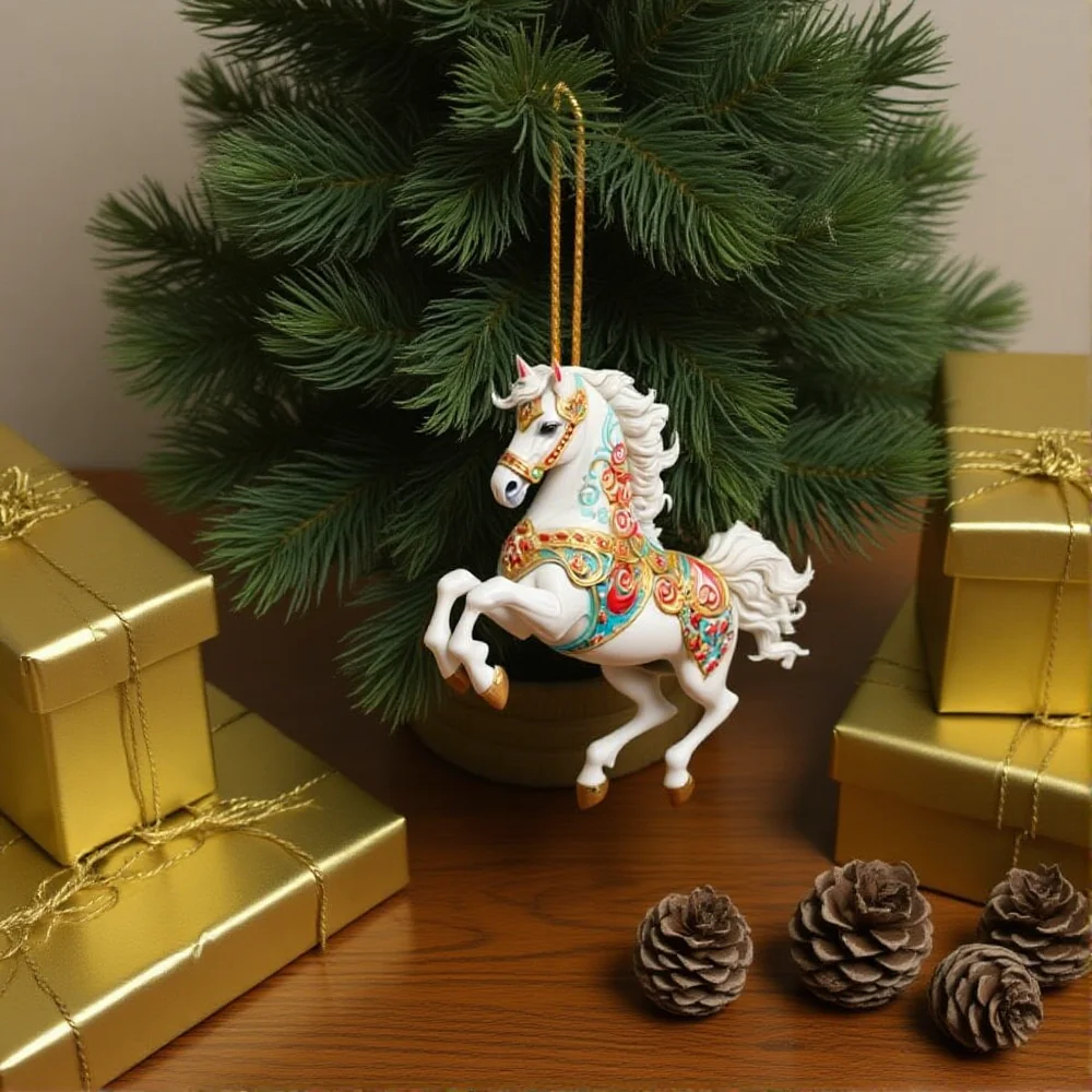White Horse Acrylic Flat Car Rearview Mirror Pendant Home Decoration Backpack Keychain Hanging Christmas Tree Decoration
