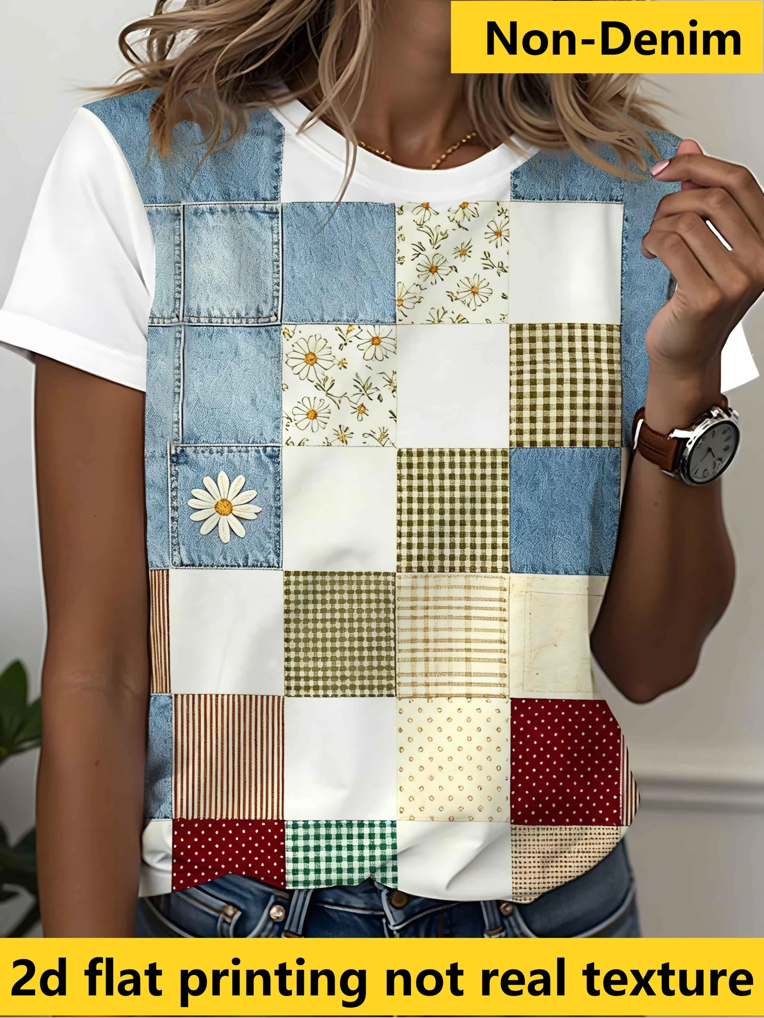 Women's T-shirt Patchwork Plaid Daisy Denim Spliced Print O-neck Short Sleeve Vintage Country Style Summer Casual Women Clothing
