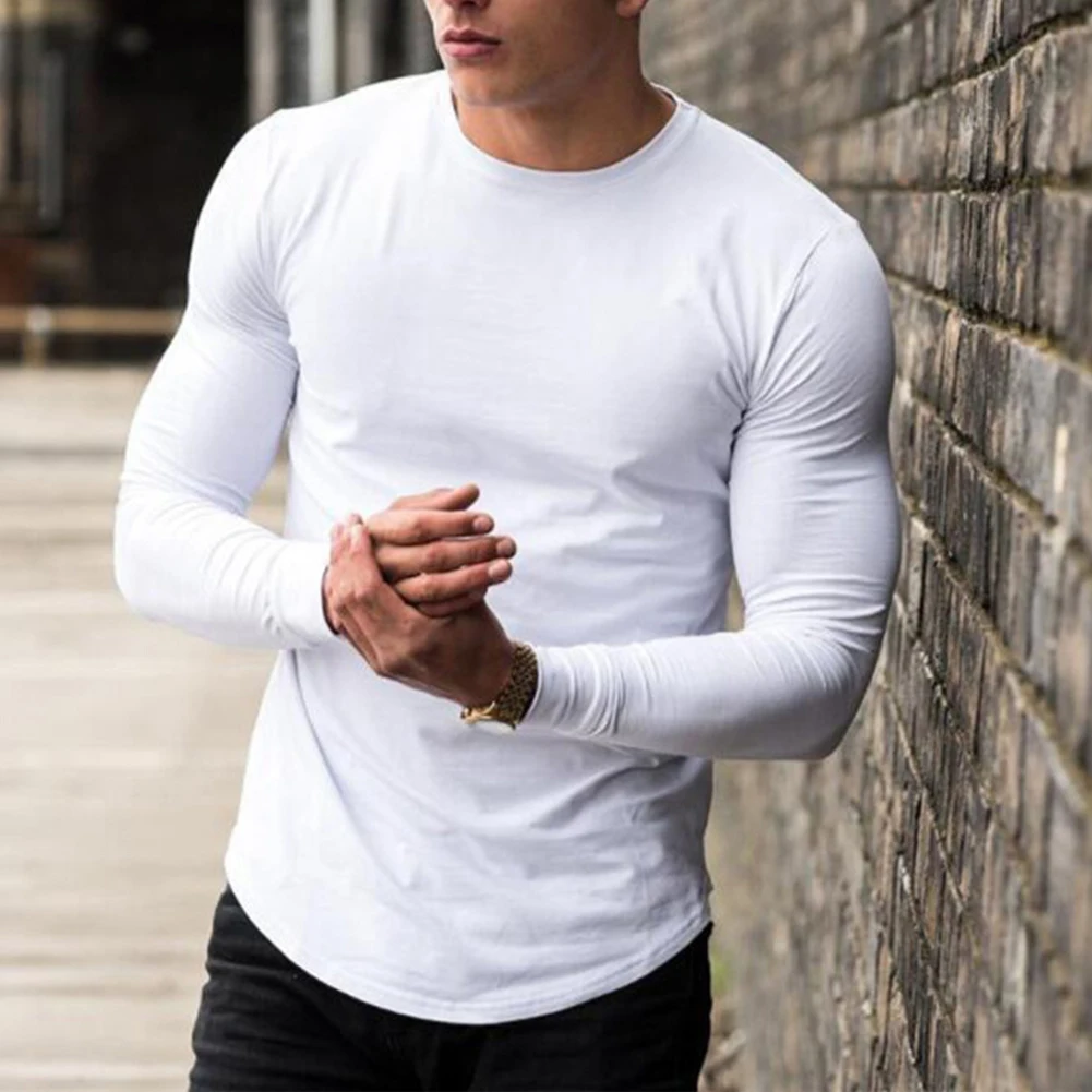 Hot New Stylish Comfy Fashion Men\'s T-shirt Round Neck Winter All Seasons Solid Colour Sportswear Active Wear