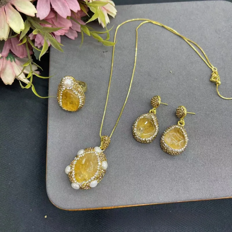 

Natural Citrine Gemstone Jewelry Set With Inlaid Pearls, Three Piece Set For Women, Exquisite And Simple Jewelry