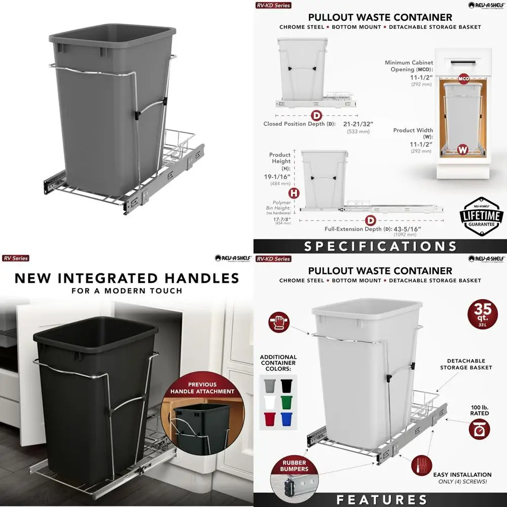 

Kitchen Cabinet Pullout Trash Can 35 Qt Waste Recycling Bin with Full Extension Slide, Metallic Silver, Refined Design
