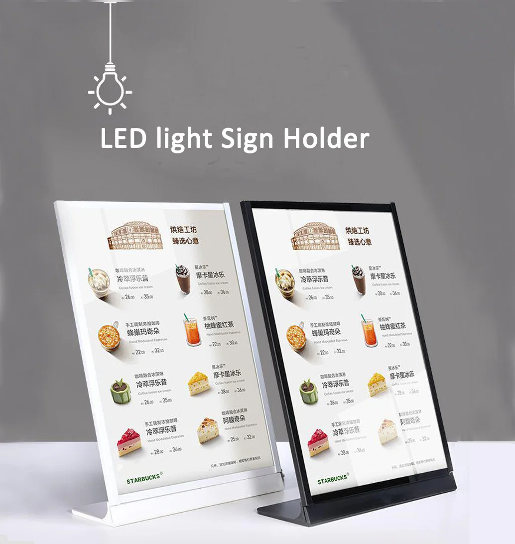 A4 Moving USB Led light restaurant metal display menu stand signs holder for promotional desktop beer bar shop