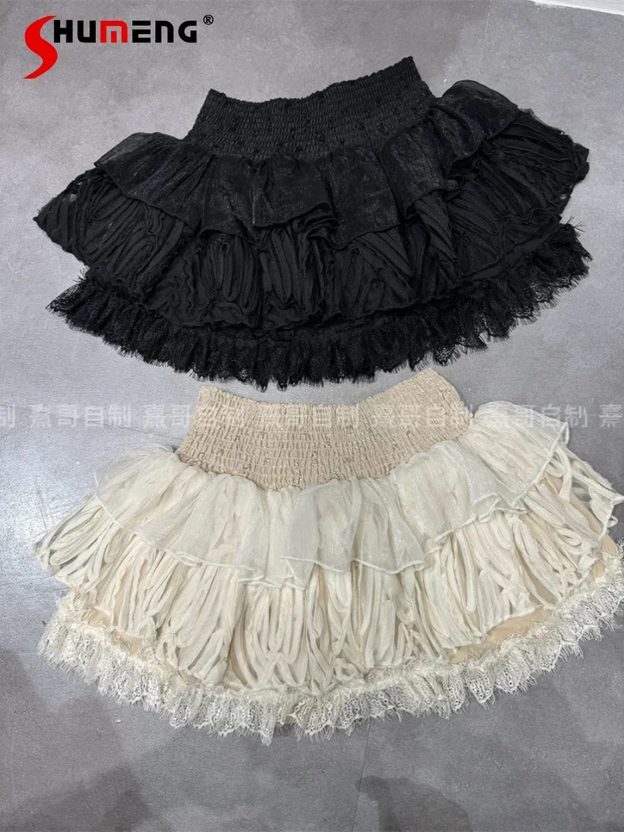 

2024 Summer New Girl Sweet Skirt Splicing Mesh Lace Cake Short Skirts Waist-tight Versatile Slimming Solid Color Chic Mini Skirt