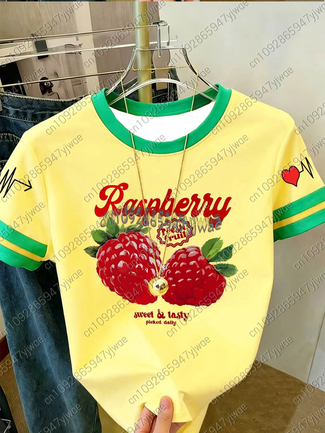 2026 Damen Kurzarm Colorblock T-Shirt mit Himbeer-Print im Y2K-Stil, Rundhals-Oberteil für Outdoor-Sport, Erwachsenen-Damen-T-Shirt – Detail 3