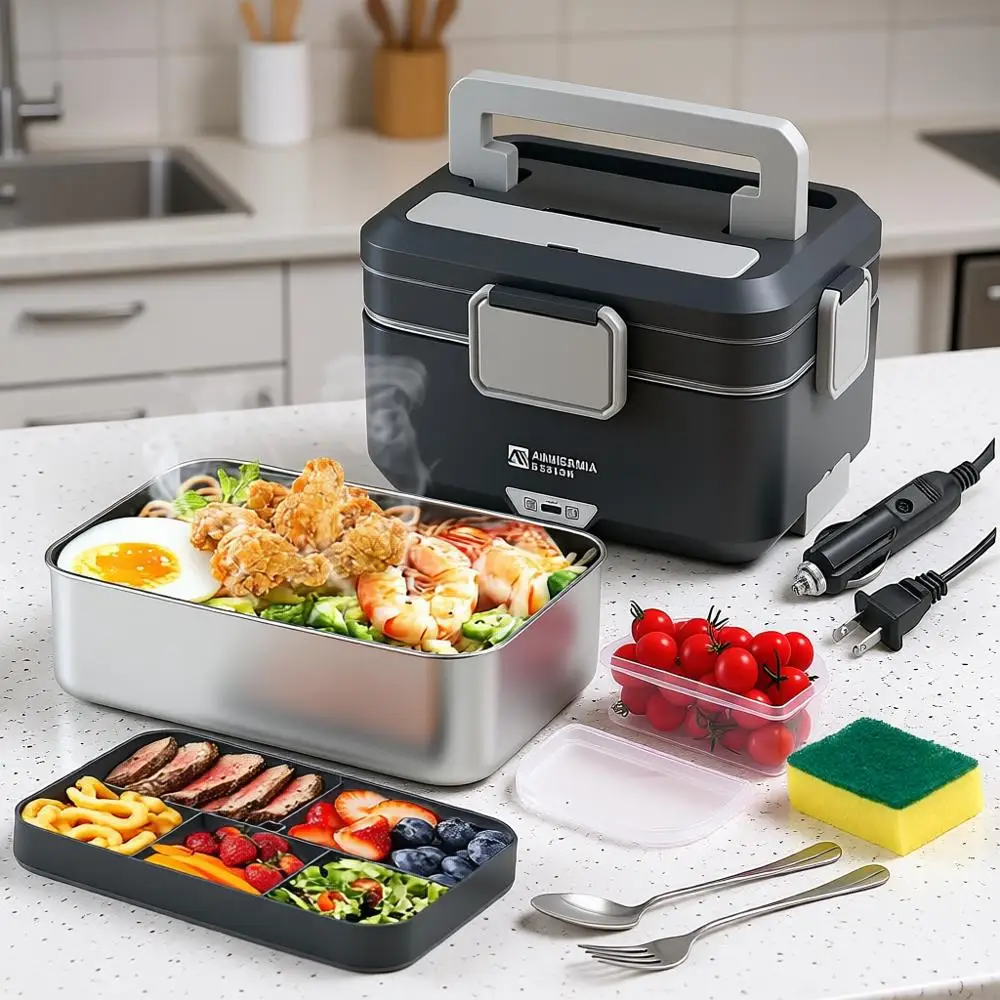 

100w 3.5L 2-Layer Portable Food Warmer, Dual 2.5L + 1L Heated Lunch Box for Adults, Home/Car/Office/Truck Use