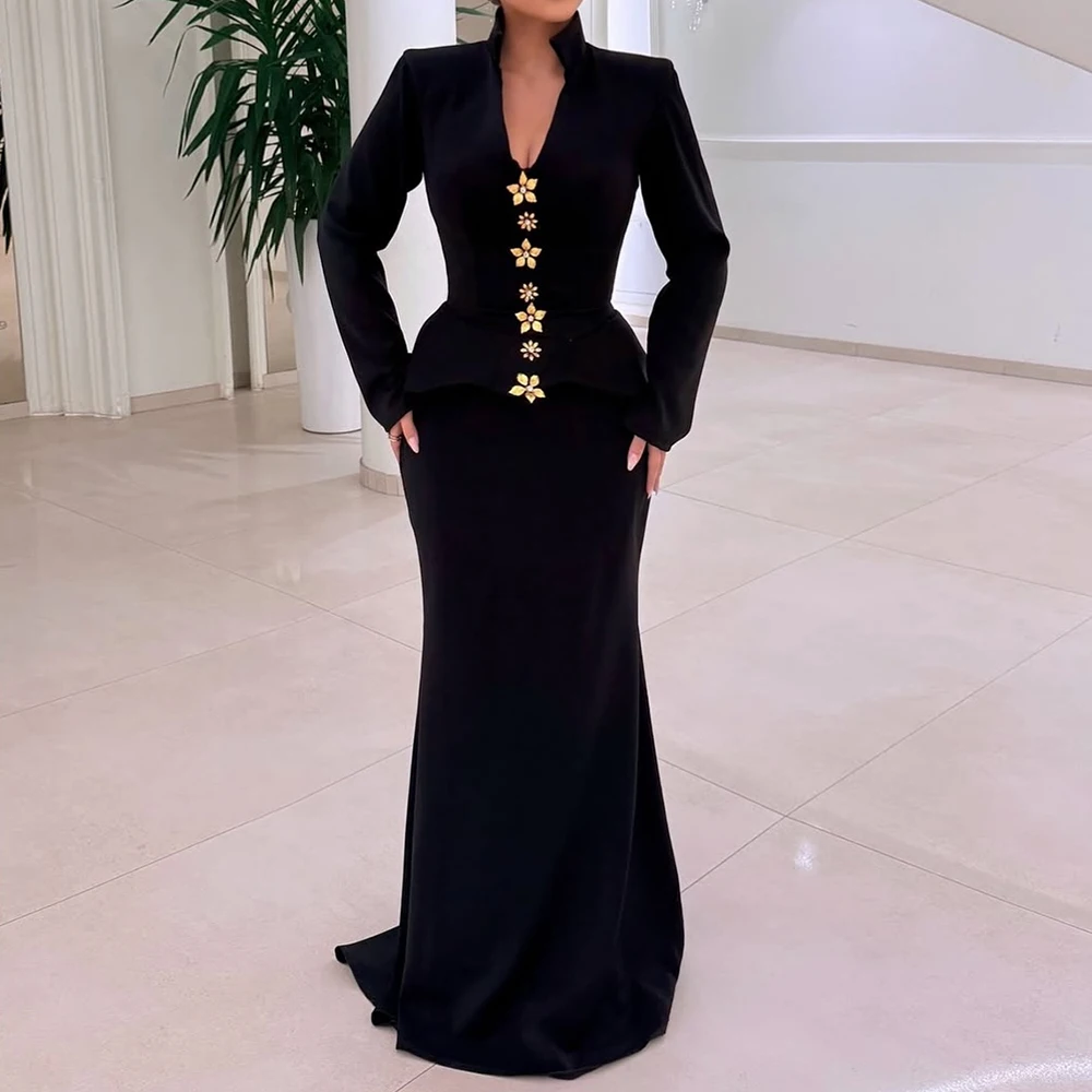 

Вечерние платья трапециевидной формы по индивидуальному заказу, длиной до пола, с v-образным вырезом и длинными рукавами, платье для выпускного вечера, модные цветы, простое драпированное повседневное вечернее платье