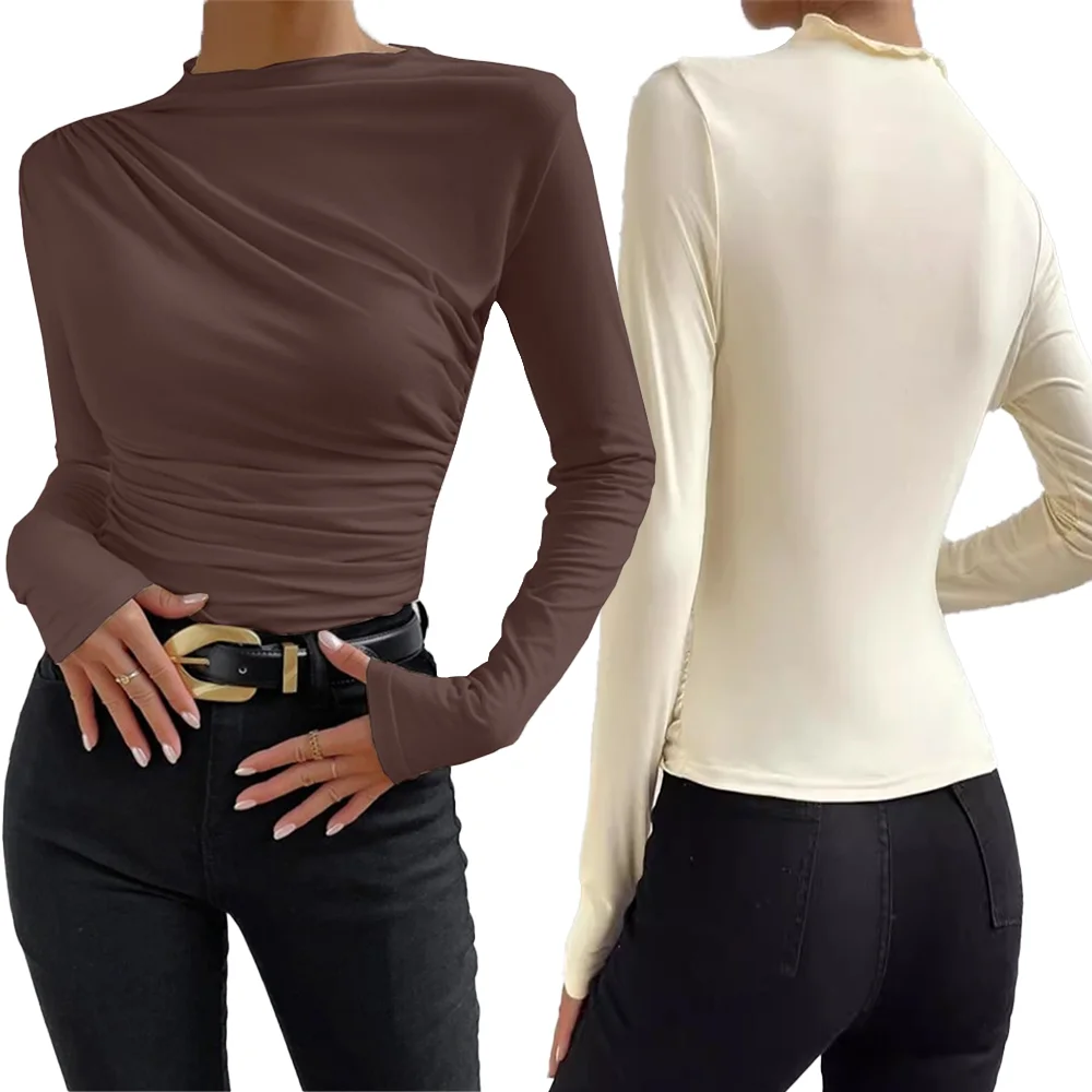

Women Bottoming T -Shirts Casual Pleated Mock Neck Trendy All-match Long Sleeve Slim Fit Turtleneck Top Ladies Basic Pollover