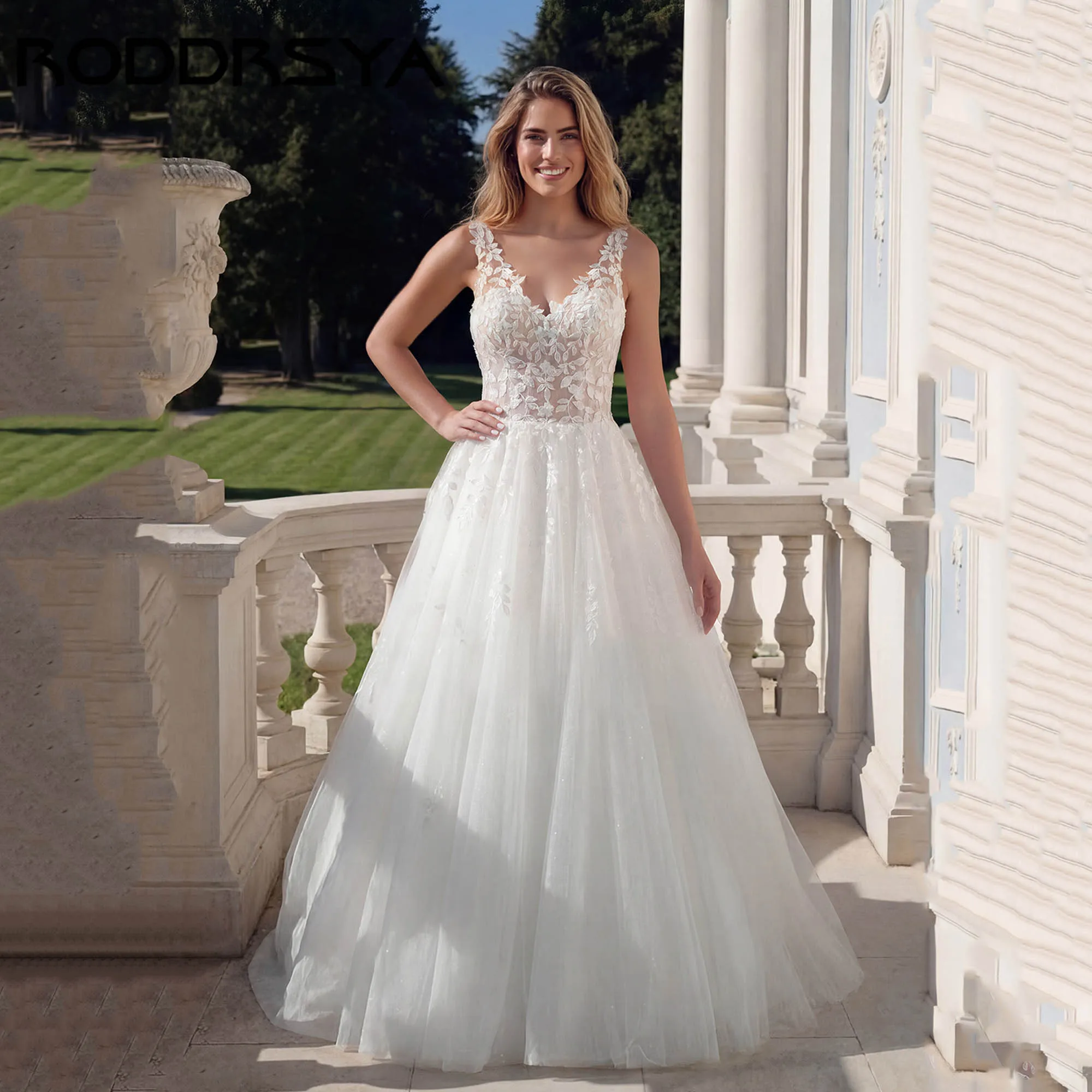 

RODDRSY Sleeveless Appliques Women's Wedding Gowns Classic V-neck A-line Bride Dress Backless White vestidos de novia Customized