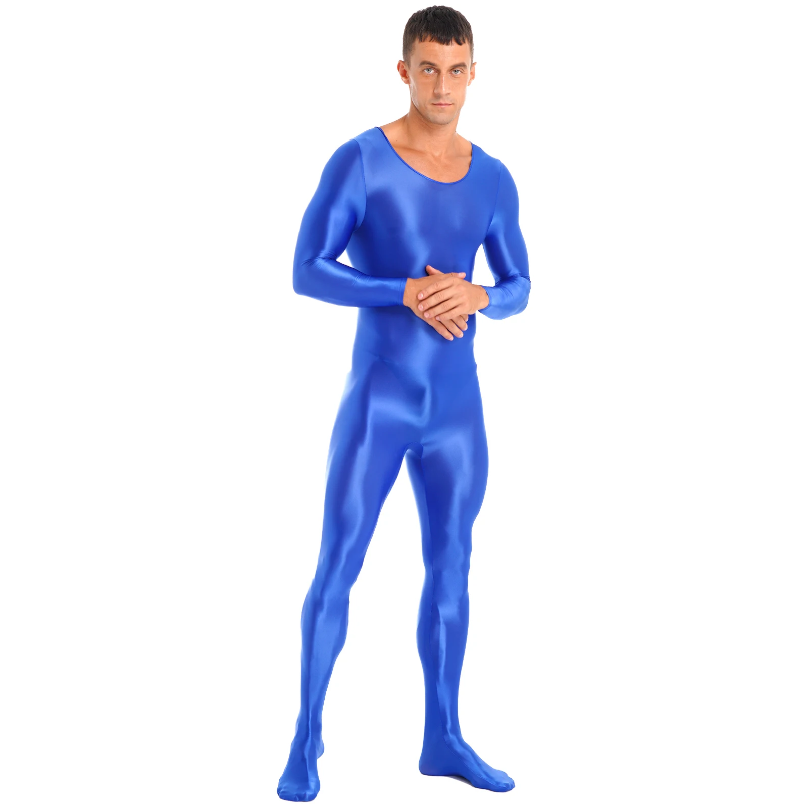 Mens Long Sleeve Glossy Bodystocking Solid Color Stretchy Bodysuit Party Nightclub Costume Clubwear Fitness Sportswear Nightwear