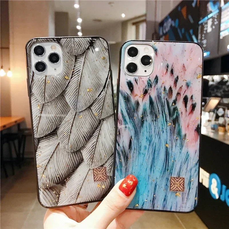 Gold Foil Bling Silicone Phone Case For iPhone 16 15 14 13 12 11 Pro Max Plus Glitter Beautiful Feather Epoxy Shockproof Cover
