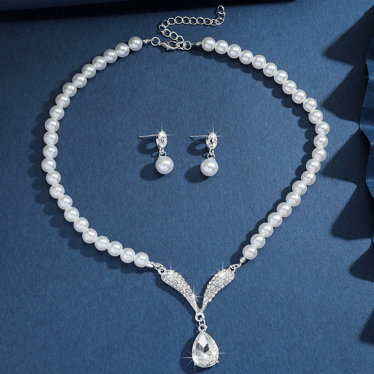 3PC Women\'s Fashion Trend Pearl Droplet Necklace Earrings Jewelry Set Wedding Banquet Party Festival Gift