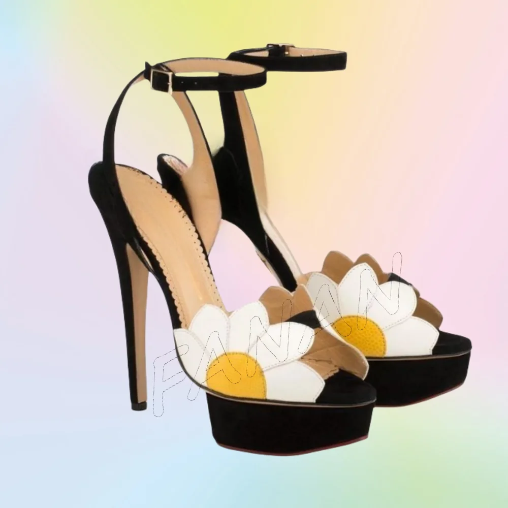 

Black Flower Decor Platform Sandals Back Strap Spike Heels Shoes Pumps Thin High Heel Shoes for Women 2025 Zapatos Para Mujere
