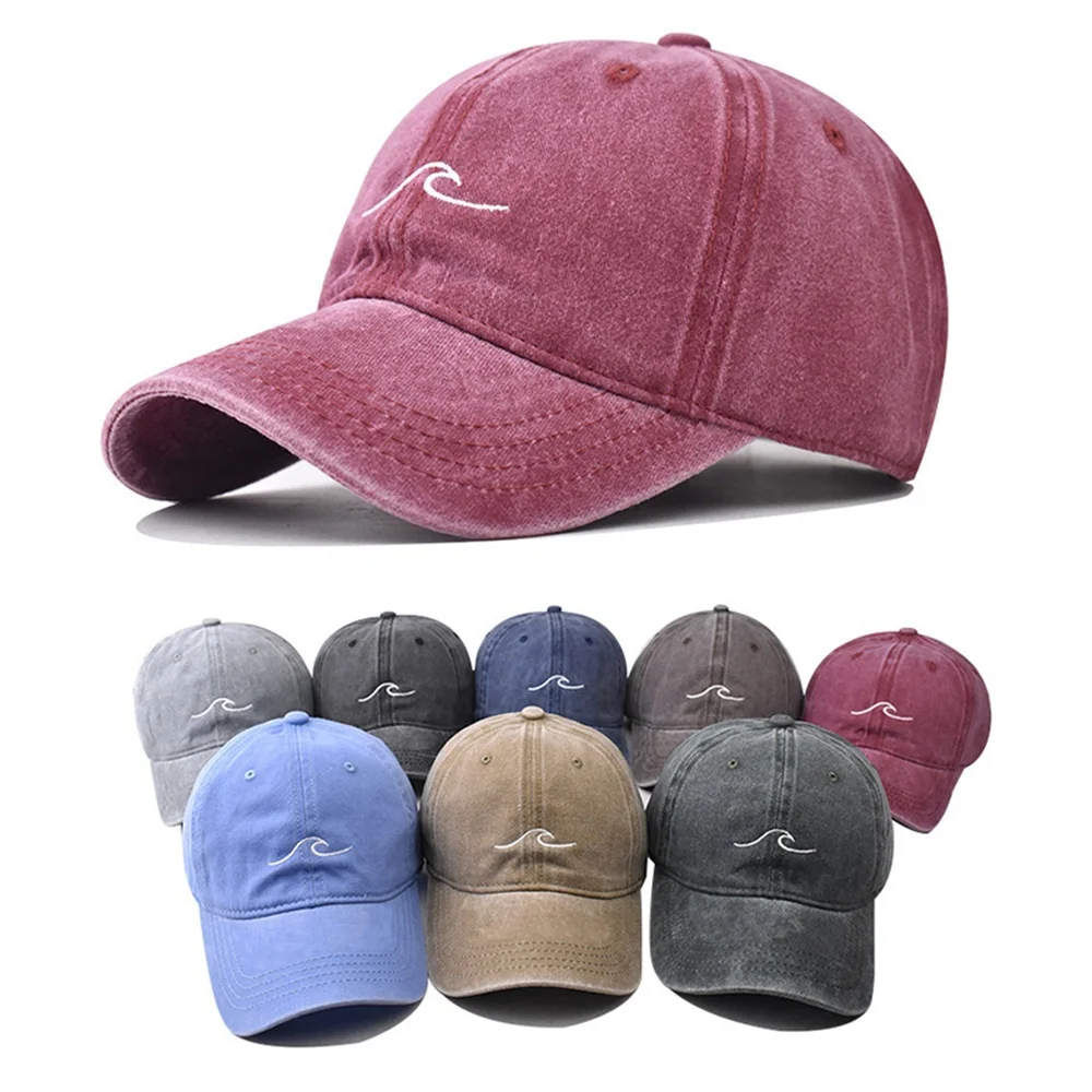 Wave Ripple Embroidery Baseball Cap Solid Color Washed Cotton Dad Hats Simple Vintage Hip Hop Hats For Women Men Snapback Caps