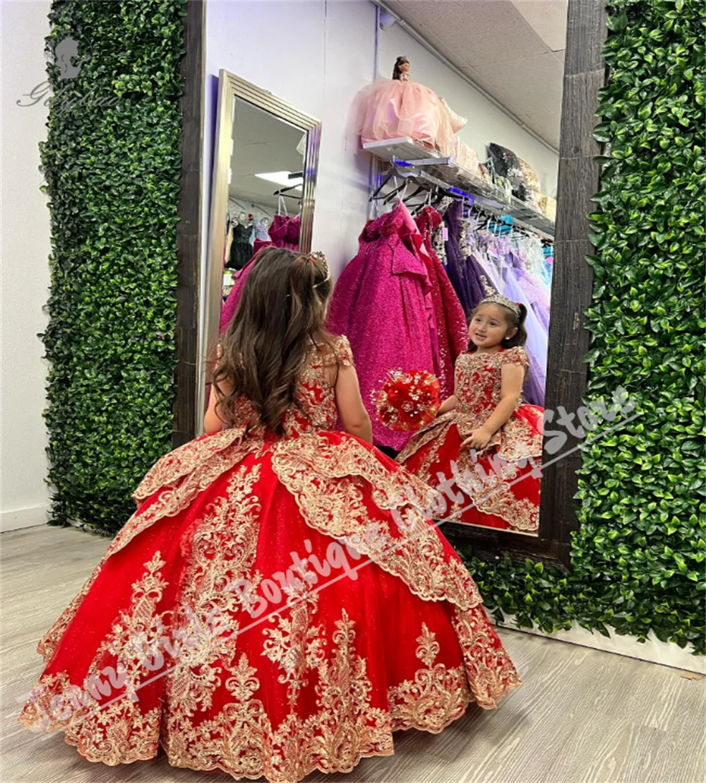 Luxurious Red Flower Girl Dress With Fluffy Golden Lace Design Weddings First Communion Bridesmaid Outfits For Girls