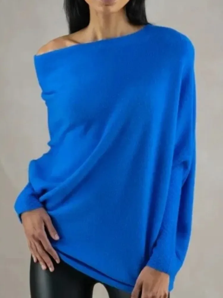 Women One Size Pullover Jumpers Solid Color Neck Pullover Knitted Female Comfortable Commuter Off Shoulder Slash Neck Sweater