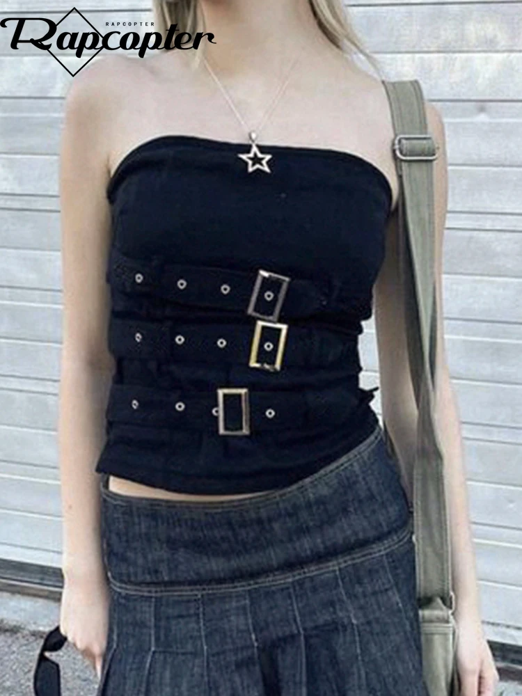 Rapcopter Y2K Băng Khóa Áo Top Đen Punk Grunge Crop Top Gothic Retro Dạo Phố Bộ Vest Nữ Thời Trang Đổ Mồ Hôi 90S