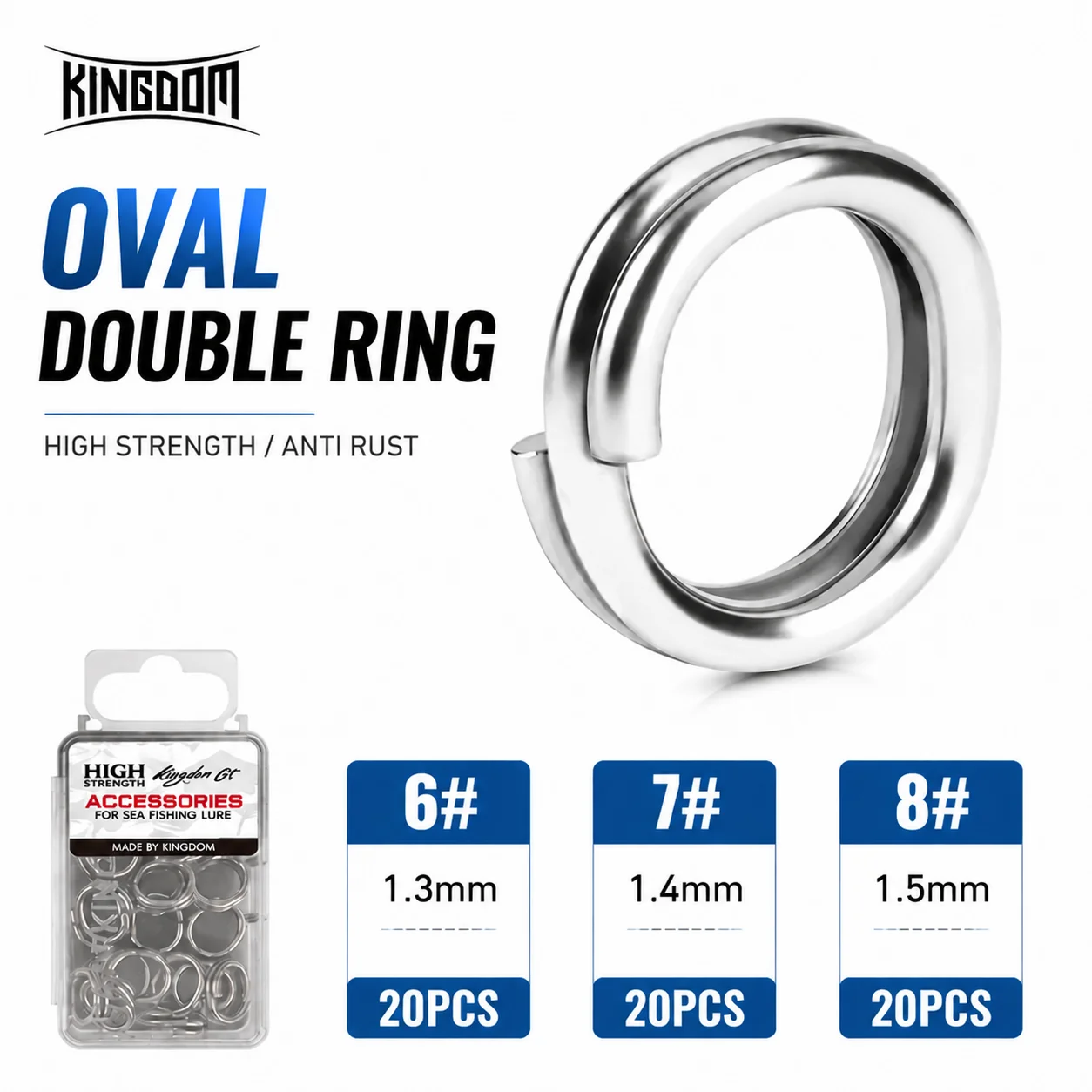 Kingdom 20pcs GT Sea Fishing Split Rings 6# 7# 8# 304 Stainless Steel Sea Fishing Double Ring Sea Fishing Accessories Tackle