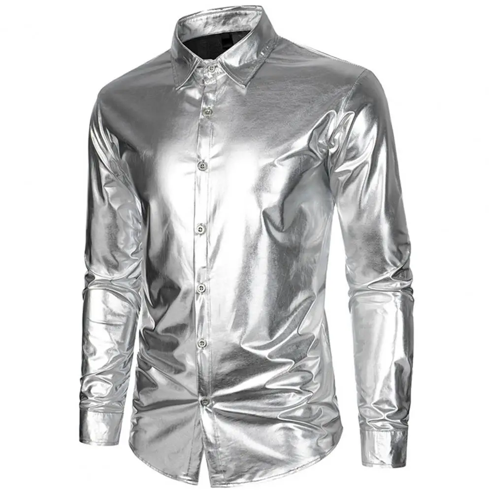 

Slim Fit Men Shirt Satin Men's Performance Shirt with Glossy Surface Turn-down Collar for Club Party Stage Show Long Sleeves