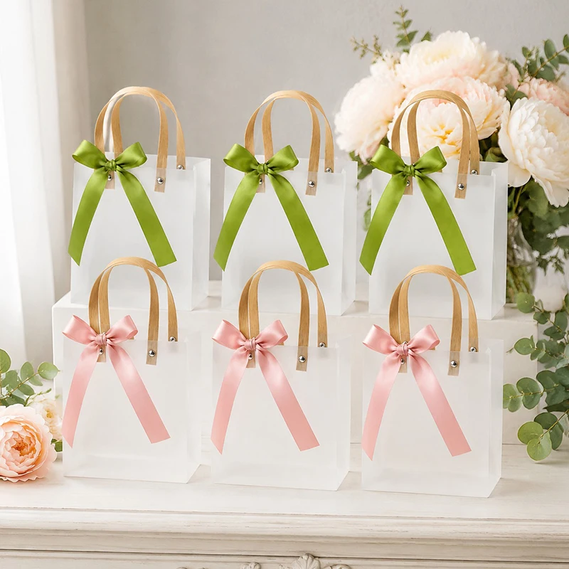 6/12PCS Frosted Plastic Handbag Pink Green Bow Fresh Tote Bags Reusable Carrier Shopping Bag Wedding Birthday Party Boutique ZYF