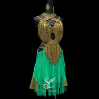 SYL green sleeveless beading fringe dancesport dress standard latin dance dress competition woman