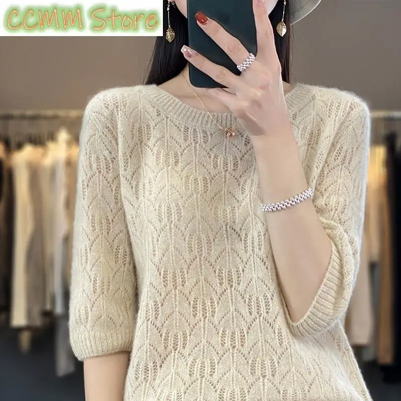 Pullover Women's O-neck Pure Sweater Comfortable and Versatile Women's Knitted Thin Short Sleeve T-shirt Wool Sweater Hot