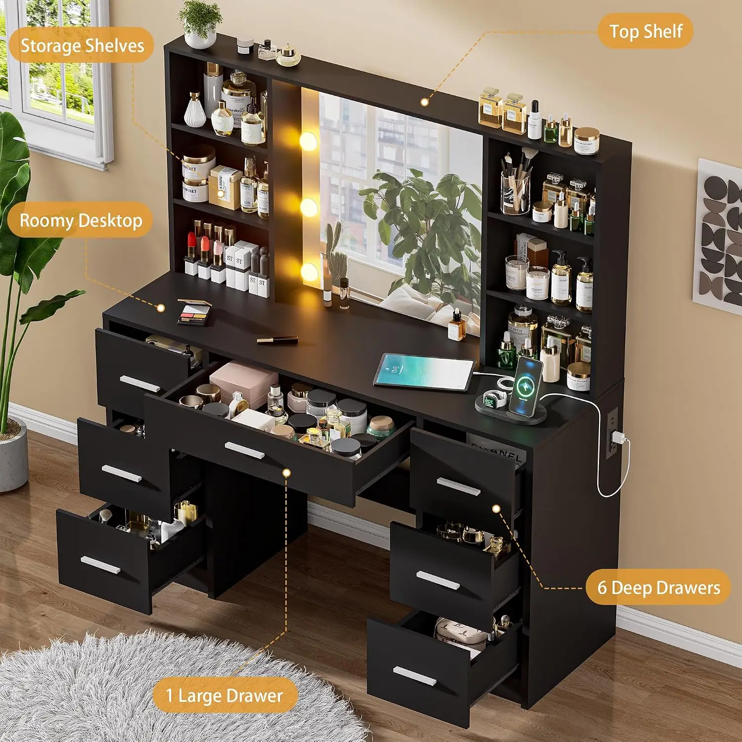 Large Vanity Desk with Mirror & LED Lights, 7 Drawers & 6 Shelves, Makeup Table with Charging Station, Black, Customized