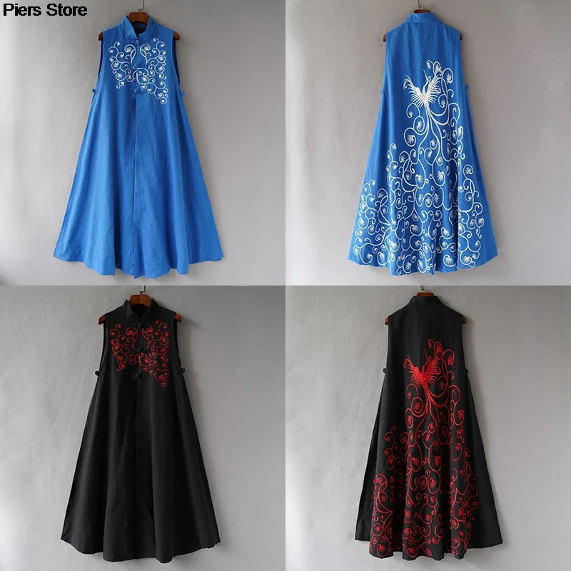 

Embroidery Chinese Style Women Black Vest Dress Midi Oriental Ethnic Casual Blue Sleeveless Dresses Female Clothing 2024 New