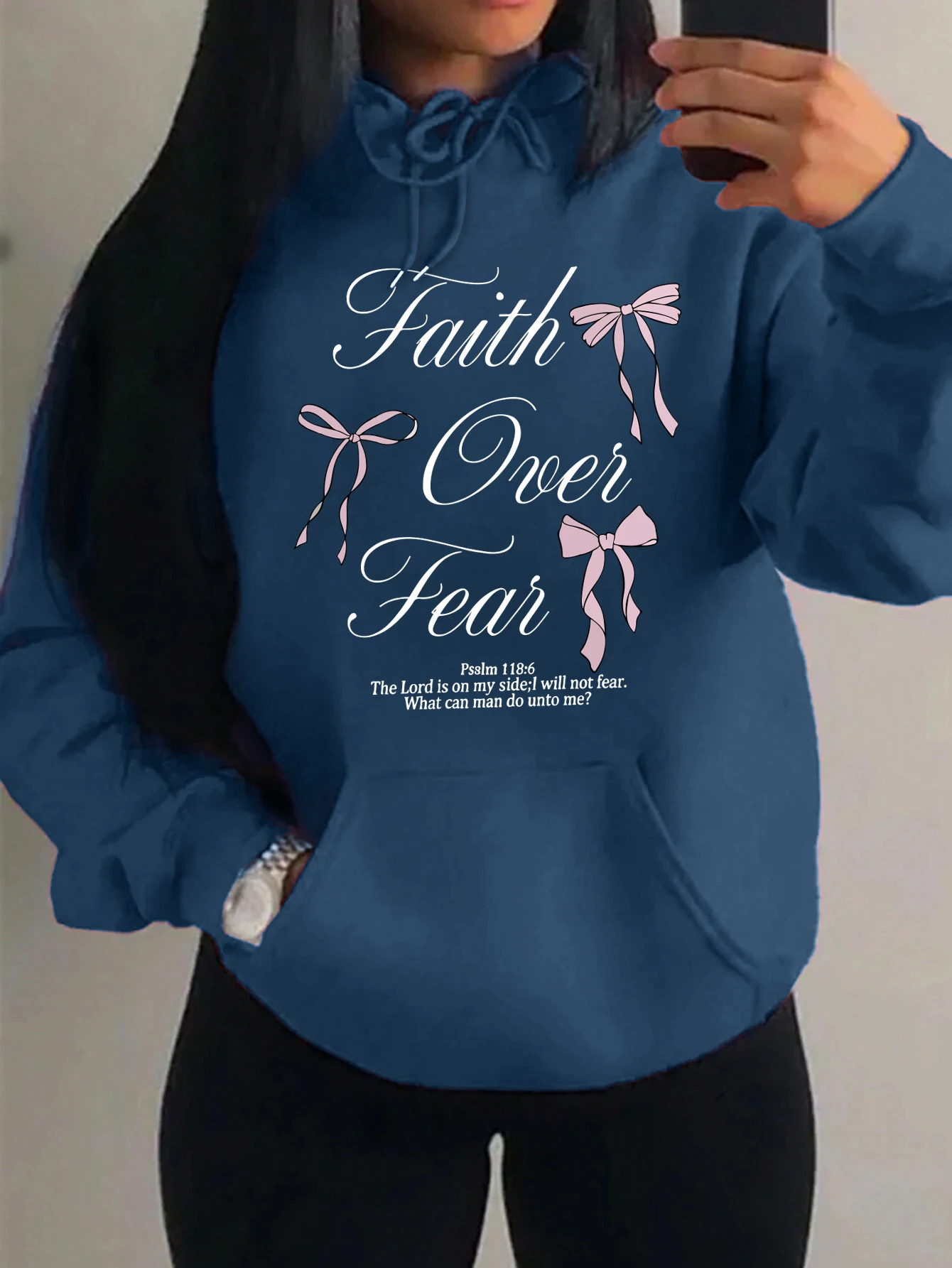 

Женские толстовки с розовым бантом Faith Over Fear и принтом, свободная толстовка с карманами, повседневная флисовая толстовка Y2K, универсальная мягкая женская одежда