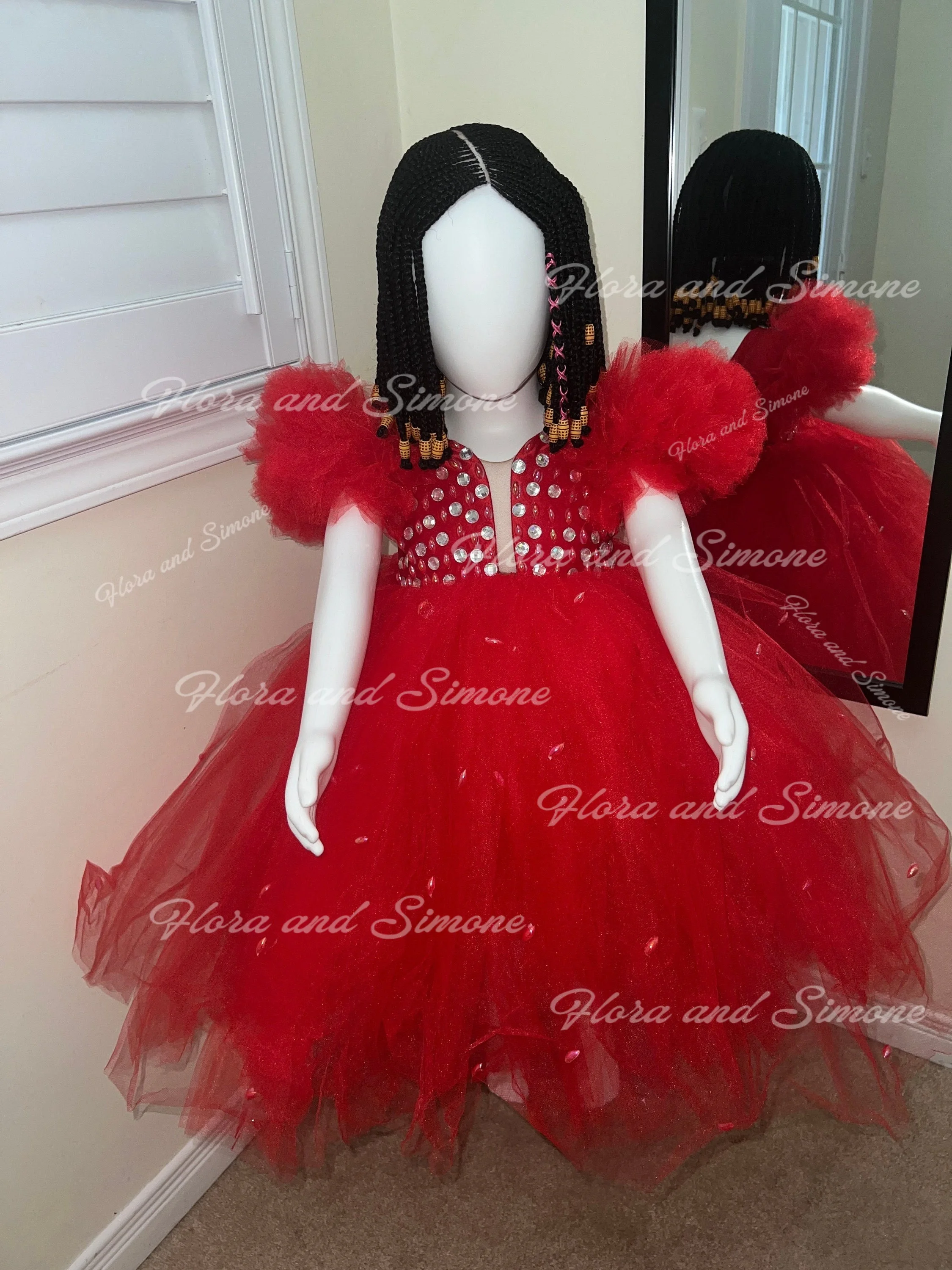 Customized Rose Red Flower Girl Dress For Wedding Applique Puffy Sleeveless Baby Kids Birthday Party First Communion Gowns