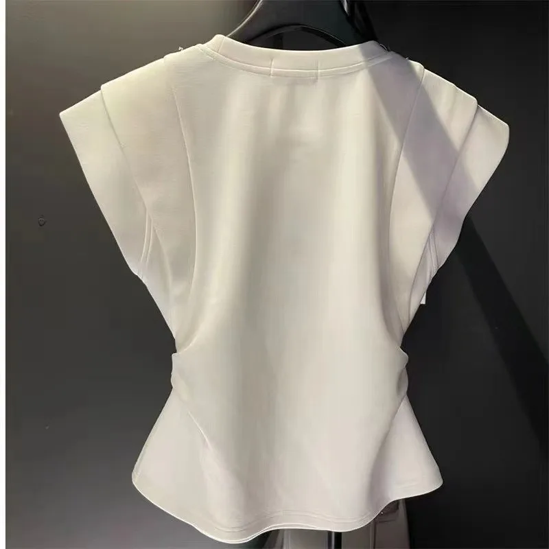 Y2k Clothes Summer Fashion Tops O Neck Solid Color Flying Sleeve Tees Diamonds Chain Pleated Slim Unique Chic Women T-shirts