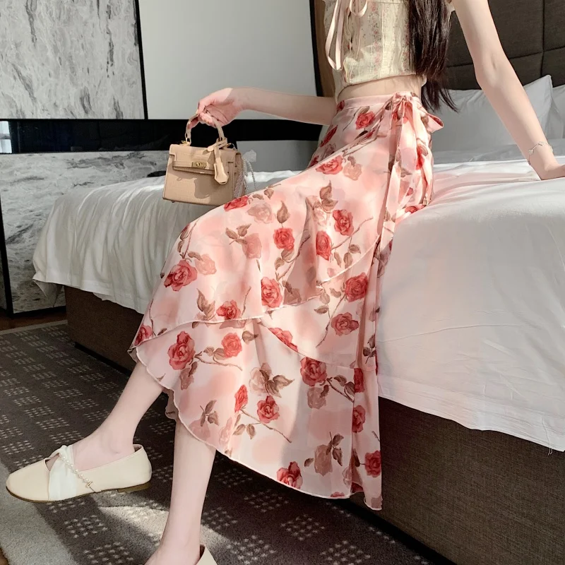 

Floral Lace Asymmetrical Fi Tail Skirt f-length Women's Summer One-piece Slit Lotus Skirt f Skirt Floral Skirt