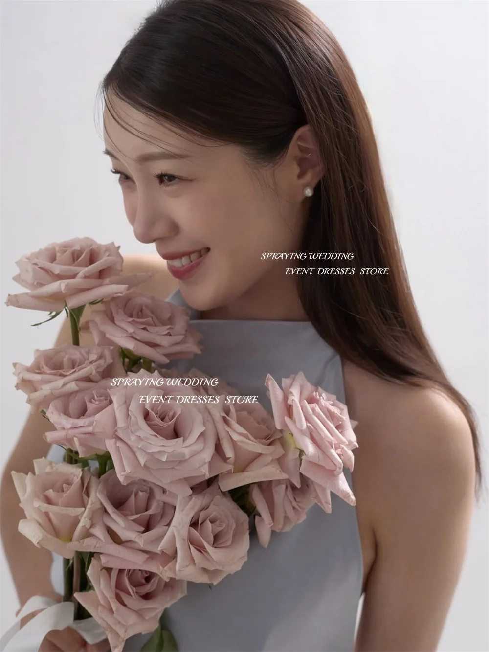 SPRAYING Elegante blauwe satijnen avondjurk Korea bruiloft fotoshoot halter mouwloze zeemeermin lange feestjurk korset op maat