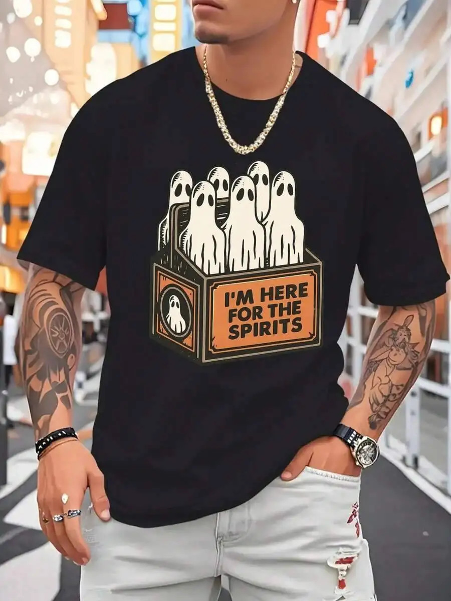 [Sporty T-Shirt]Men's Graphic Funny "I'm Here The Spirits" Saying Black Tee With White Ghosts Soft Stretchy Fabric Party Outfit