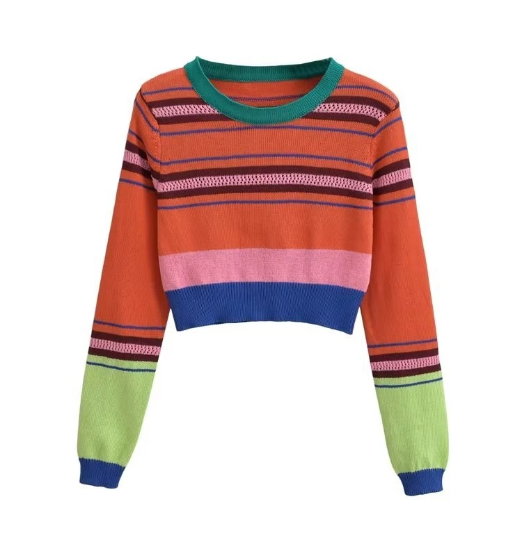 

Striped Slim Fit Knitted Sweater Women's Faion Design Autumn New Arrival Sweet Sle Long Sve Ultra ort Length