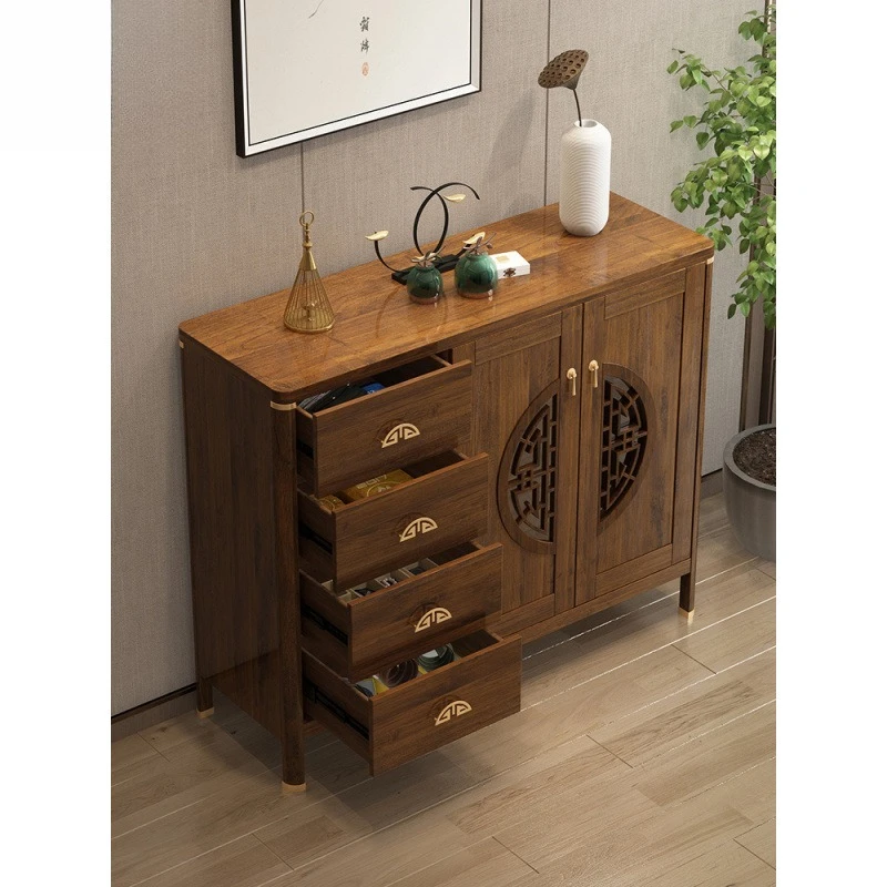 Multi-functional entrance solid wood color porch cabinet integrated new Chinese shoe cabinet home entrance Chinese style