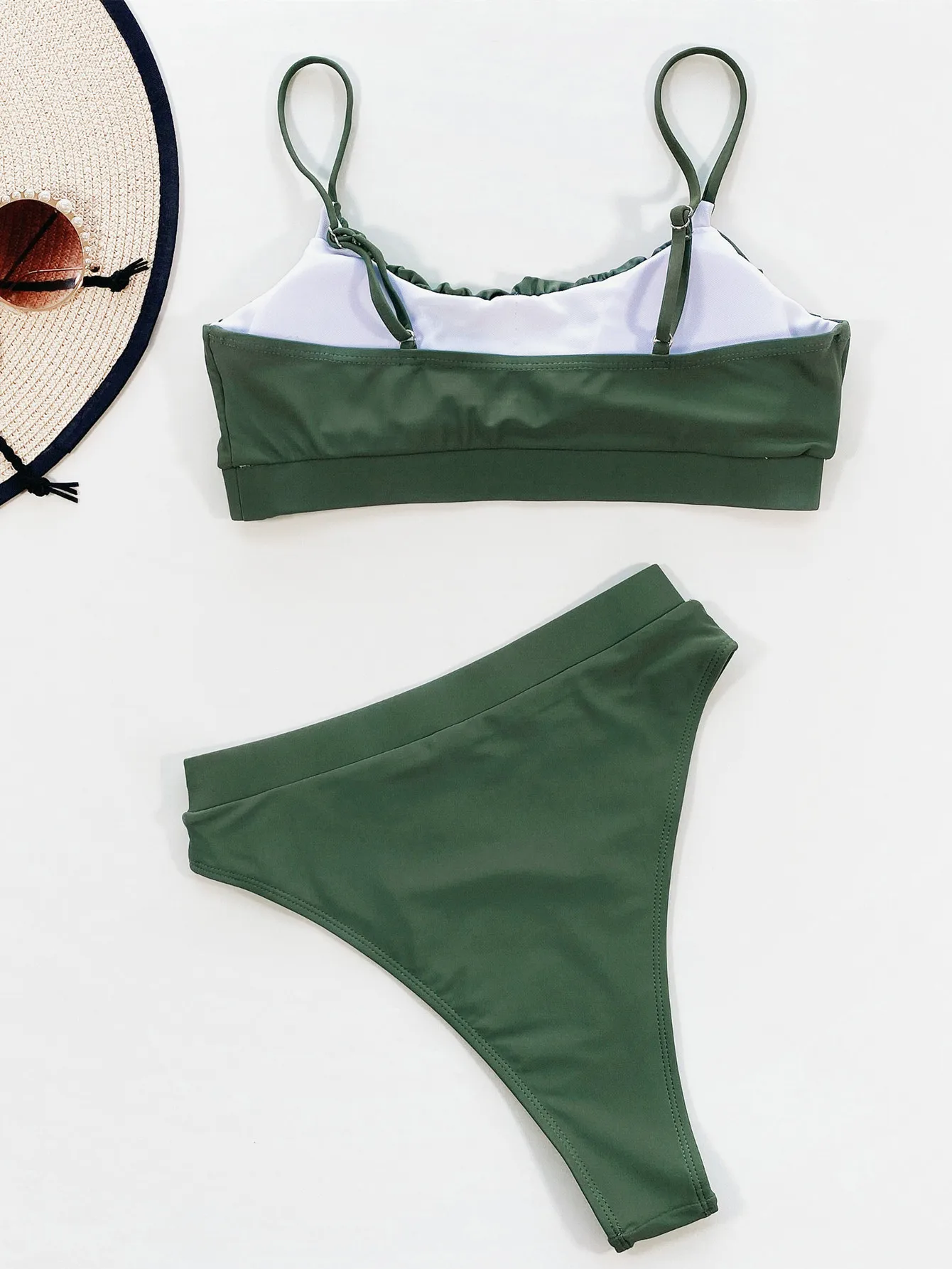 Conjuntos de bikini bandeau fruncidos sexys, traje de baño de dos piezas negro y verde de cintura alta, trajes de baño para mujer, trajes de playa, bikini tankini