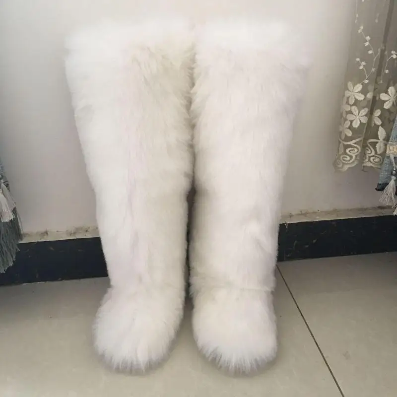 Women Snow Boots Winter Faux Fox Fur Boots Fluffy Furs Girls\' Luxury Furry Fur Bottes Female Winter 3cm Flats Sole Plush Shoe