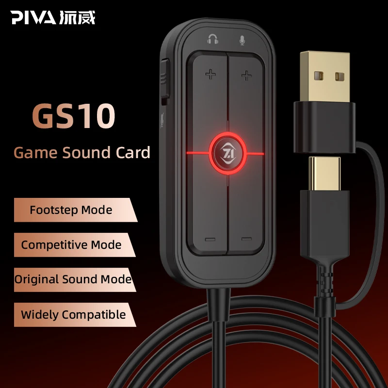 Piva 1.2m Cable Virtual 7.1 16Bit/48Khz Type-C to USB Gaming Sound Card 3.5mm Audio Port With 3 EQ Modes for Phone Tablet Laptop