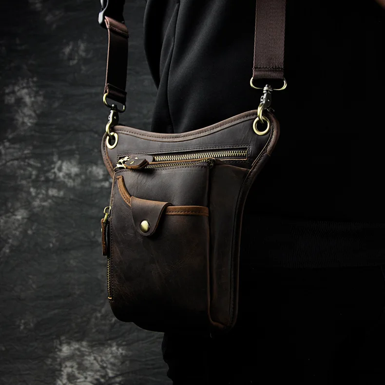 Retro Style Outdoor Leg Bag Waist Pack Cool Phone Bag Mad  Top Layer Leather Personalized Unisex Casual Pure Color