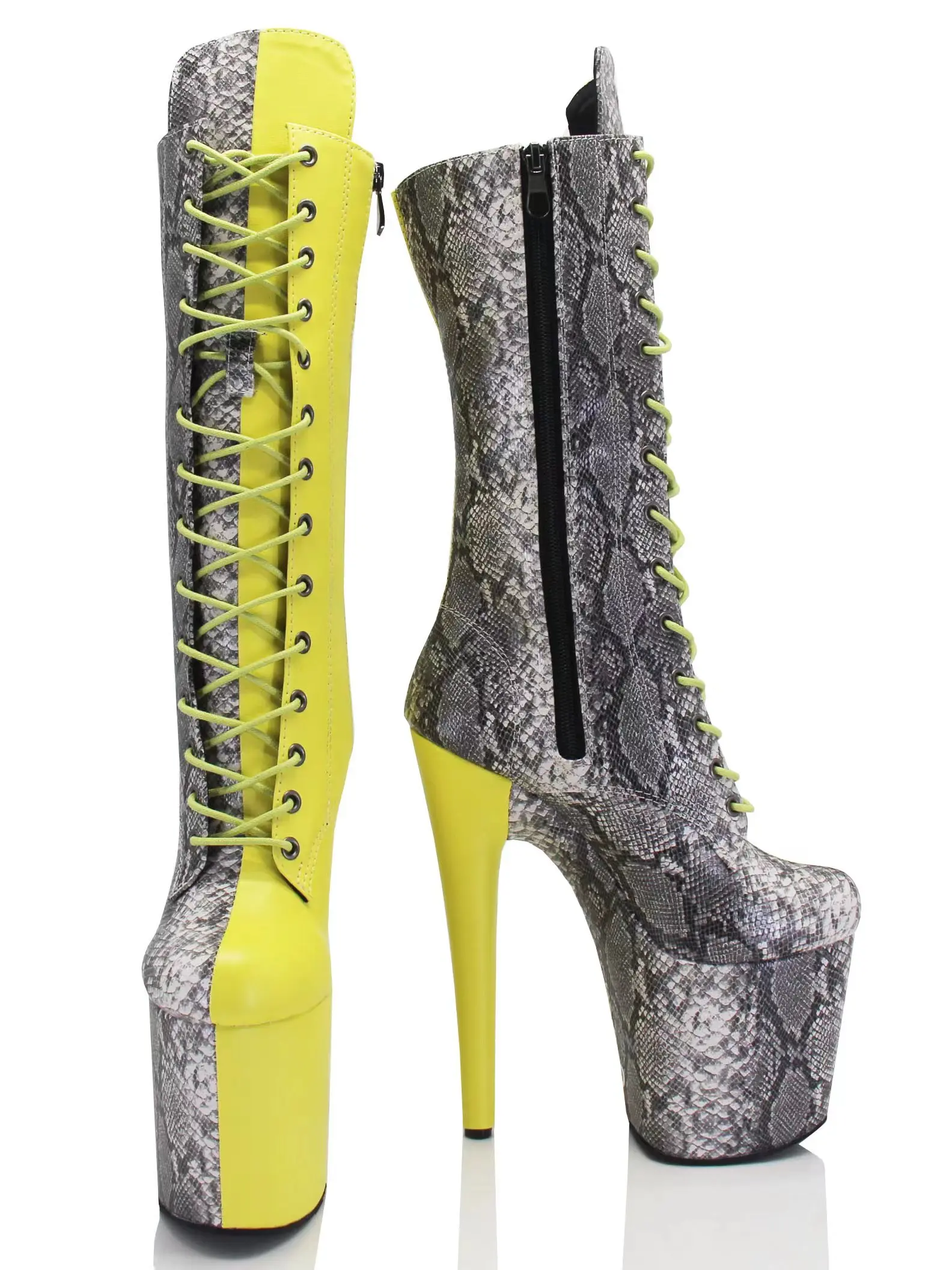 20cm 8-inch snake patterned fashionableboots the latest thick sole high heel steel pipe dance Mid-Calf boots nightclub