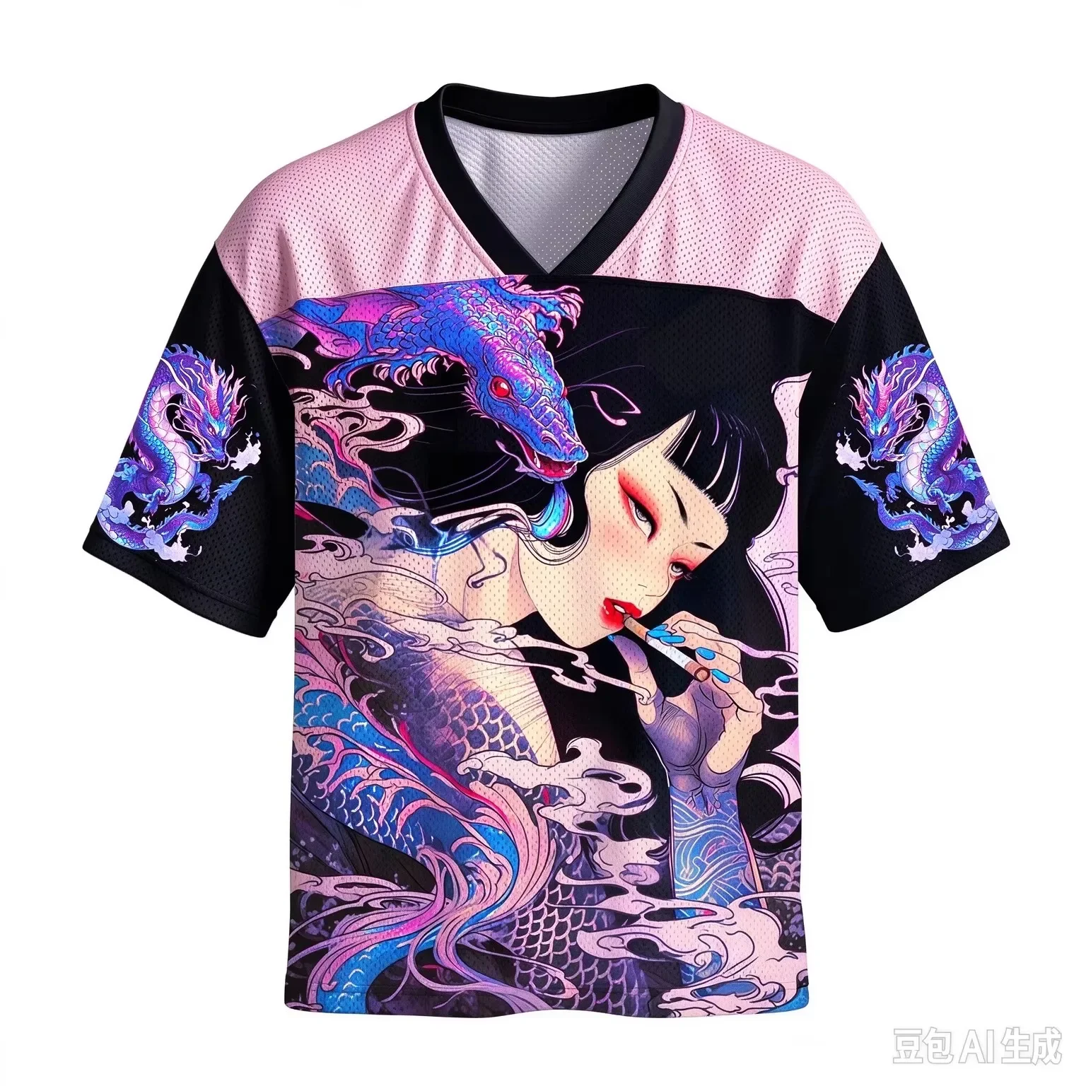 Retro Ukiyo-e Japanese Geisha Pattern 3D Print Breathable Men's Women's V-neck Loose Large-sized T-shirt for Street Casual Wear