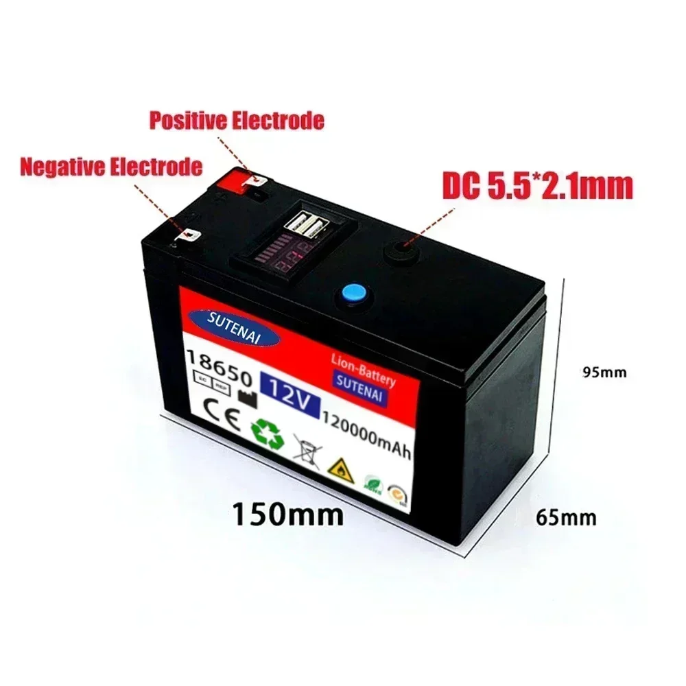 12V Battery 120Ah 18650 lithium battery pack Rechargeable battery for solar energy electric vehicle battery+12.6v3A charger