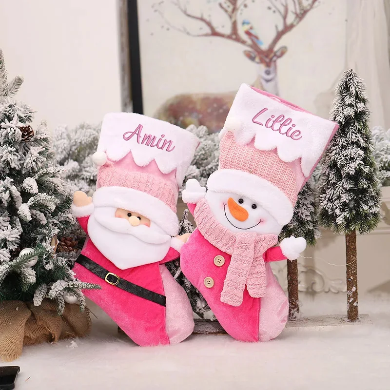 Personalized Christmas Stockings | Pink Christmas Stocking with Hanging Loop | Girl Christmas Stocking | Snowman Stocking