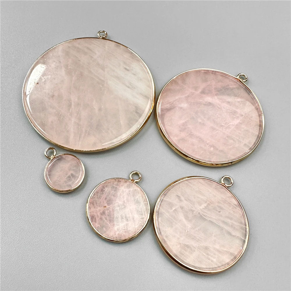 Fashion Flat Round Healing Stone Pendant Natural Obsidian Rose Quartzs Amazonite Charms For Jewelry Making DIY Earrings Necklace