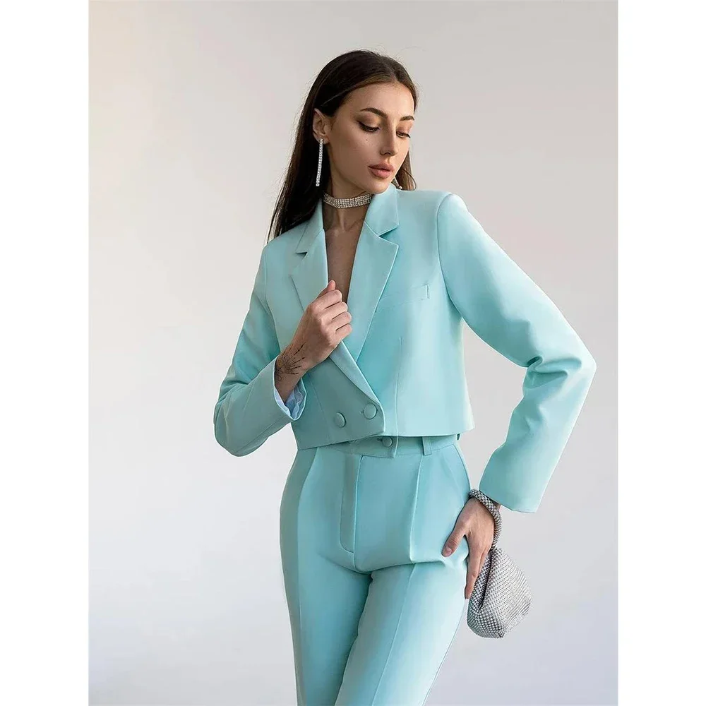 New Solid Double Breasted Women Suit Two Pieces Female Set With Cropped Blazer Wide Leg Pants With Slit