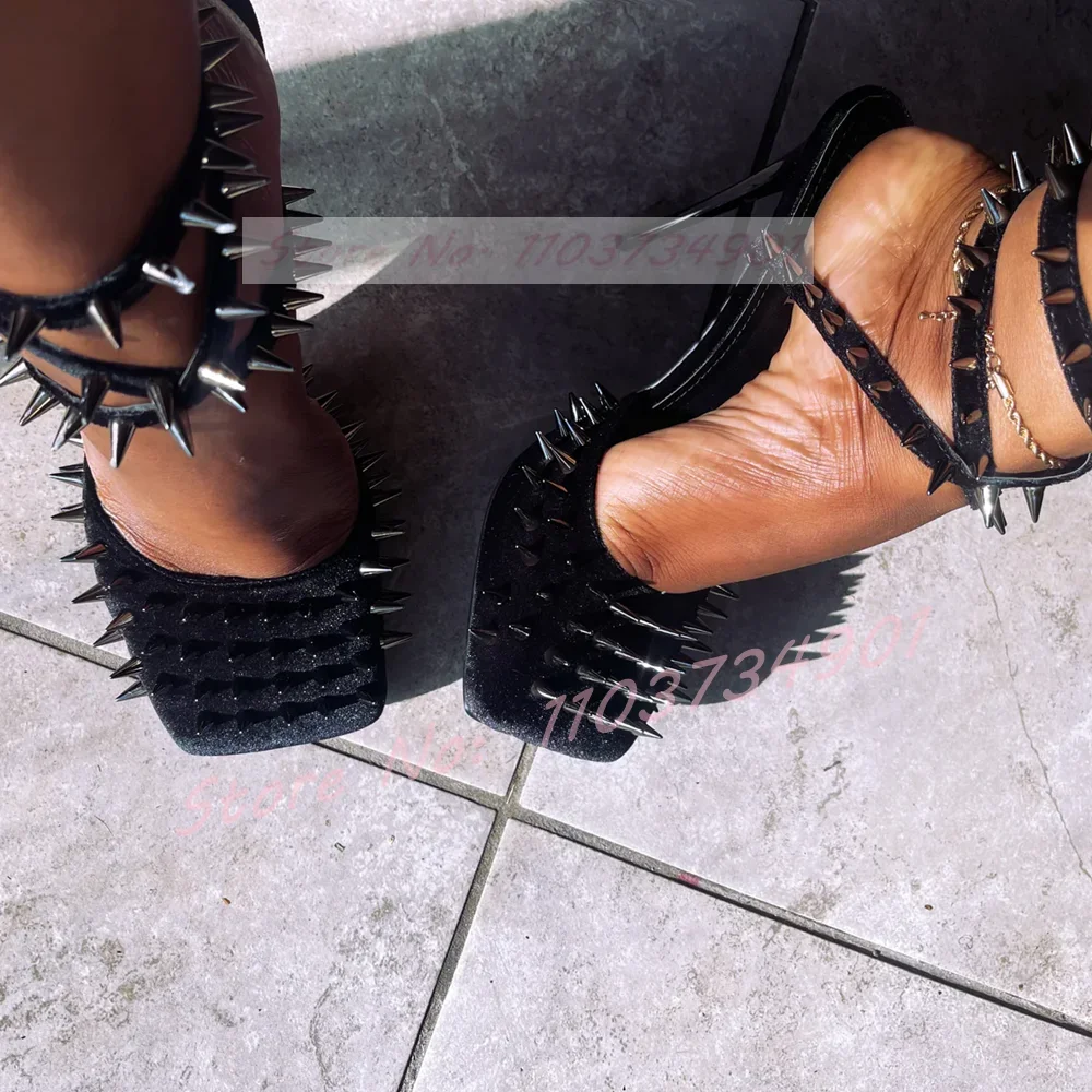 Square Toe Studded Sandals Women Sexy Rivets Buckle Strap Suede Closed Toe 6CM Heels Sandals Ladies Party Nightclub Punk Shoes